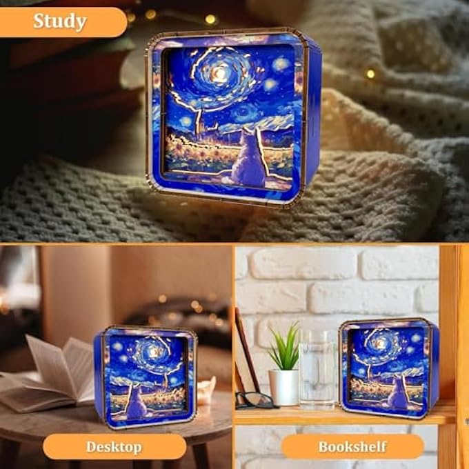 DIY 3D WOODEN PUZZLE NIGHTLIGHT LAMP WITH USB RECHARGEABLE BATTERY, CREATIVE CRAFT KIT AND INTERACTIVE ART LIGHT FOR ADULTS, UNIQUE STAR CAT GIFT FOR BIRTHDAY, ANNIVERSARY, FAMILY FUN - Image 4